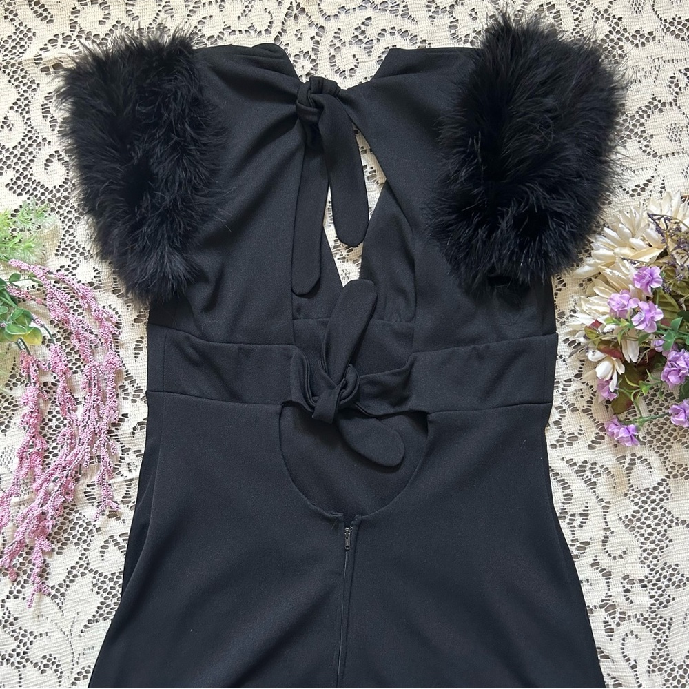70s Disco Feather Shoulder Polyester Maxi Dress